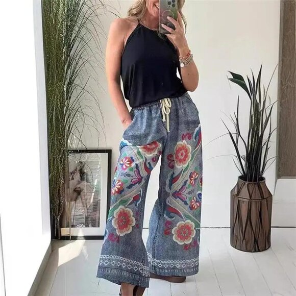 Loose Fit Wide-Leg Pants with Boho Denim & Floral Print – L, XL, 2XL - Picture 1 of 4